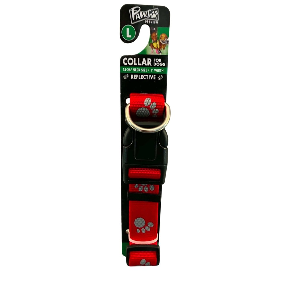 Paws Premium Dog Collar Large Red Reflective Paw Print Adjustable 15-26in